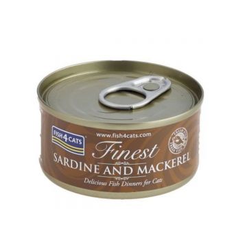 FISH4CATS Finest, Sardine și Macrou, conservă hrană umedă pisici, (în supă), 70g