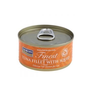 FISH4CATS Finest, Ton și Calamar, conservă hrană umedă pisici, (în supă), 70g