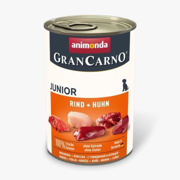 GRANCARNO, Junior, vită și pui, conservă hrană umedă câini, (in aspic) GRANCARNO, XS-M, Vită și Pui, conservă hrană umedă fără cereale câini junior, (în aspic), 400g