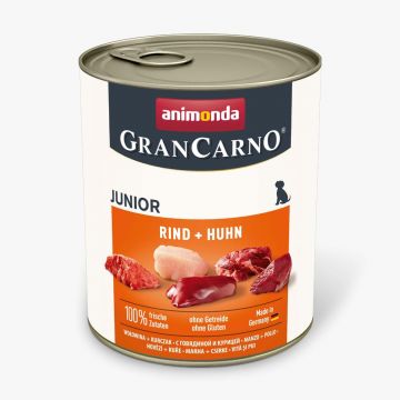 GRANCARNO, Junior, vită și pui, conservă hrană umedă câini, (in aspic) GRANCARNO, XS-M, Vită și Pui, conservă hrană umedă fără cereale câini junior, (în aspic), 800g
