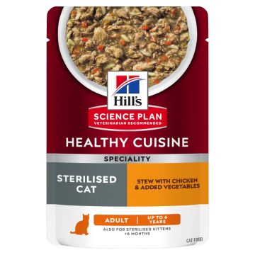HILL'S Science Plan Healthy Cuisine Sterilised, Pui și Tocană de Legume, plic hrană umedă pisici sterilizate, 80g