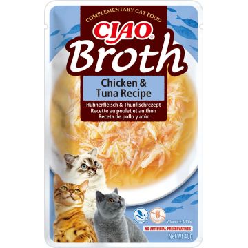 INABA Ciao Broth , Pui și Ton, plic hrană umedă fără cereale pisici, (în supă), 40g