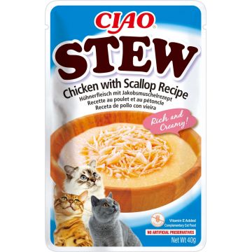 INABA Ciao Stew, Pui și Scoici, plic hrană umedă fără cereale pisici, (în sos), 40g