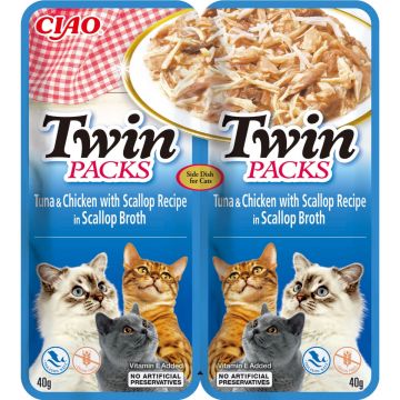 INABA Ciao Twin Packs, Ton, Pui și Scoici, plic hrană umedă fără cereale pisici, (topping), 80g