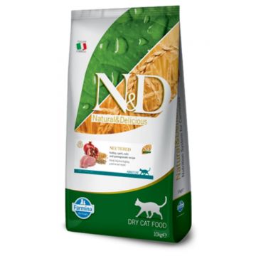 N&D Ancestral Grain Adult Sterilizat, Curcan și Rodie, hrană uscată conținut redus cereale pisici sterilizate, 10kg