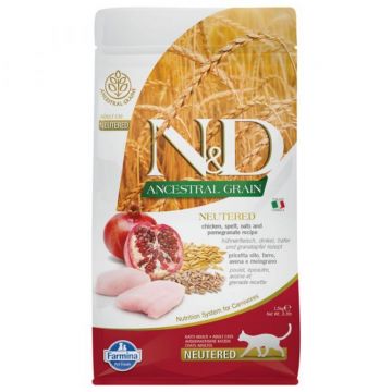 N&D Ancestral Grain Adult Sterilizat, Pui, hrană uscată conținut redus cereale pisici sterilizate, 1.5kg