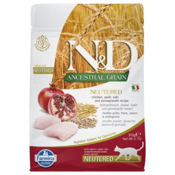 N&D Ancestral Grain Adult Sterilizat, Pui, hrană uscată conținut redus cereale pisici sterilizate, 300g