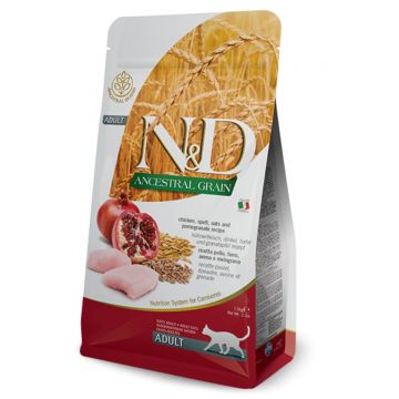 N&D Ancestral Grain, Pui și Rodie, hrană uscată conținut redus cereale pisici, 10kg