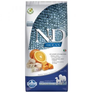 N&D Ocean Adult Medium/Maxi, M-XL, Cod și dovleac, hrană uscată fără cereale câini, 12kg
