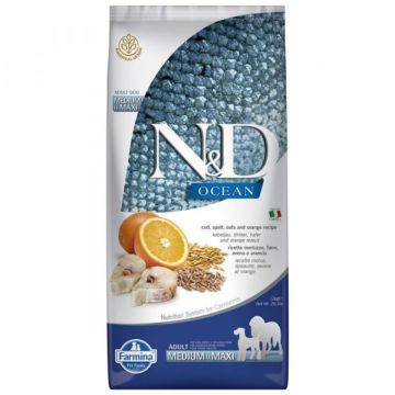 N&D Ocean Adult Medium/Maxi, M-XL, Cod și Protocală, hrană uscată fără cereale câini, 12kg