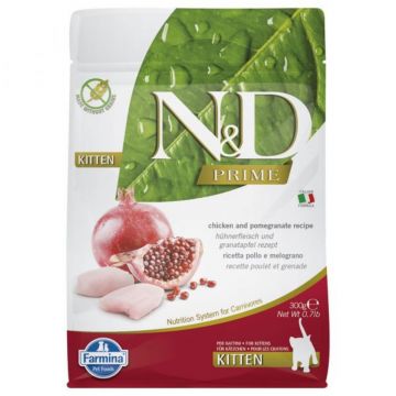 N&D Prime Kitten, Pui și Rodie, hrană uscată fără cereale pisici junior, 300g