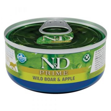 N&D Prime, Mistreț și Măr, conservă hrană umedă fără cereale pisici, (în sos), 70g