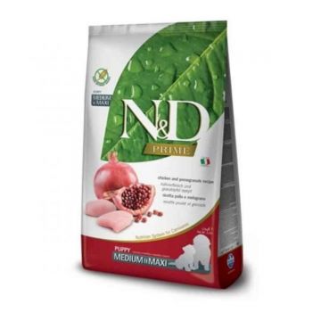 N&D Prime Puppy Medium/Maxi, M-XL, Pui și Rodie, hrană uscată fără cereale câini junior, 2.5kg