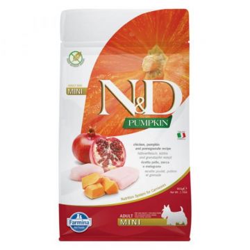 N&D Pumpkin Adult Mini, XS-S, Pui și Rodie, hrană uscată fără cereale câini, 800g