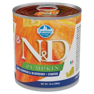 N&D Pumpkin Starter, XS-XL, Miel și afine, conservă hrană umedă fără cereale câini junior, (în sos), 285g