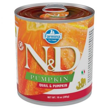 N&D Pumpkin, XS-XL, Prepeliță, conservă hrană umedă fără cereale câini, (în sos), 285g