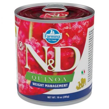 N&D Quinoa Controlul Greutatii, XS-XL, Miel și Hering, conservă hrană umedă fără cereale câini, obezitate, (în sos), 285g