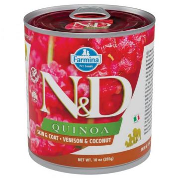N&D Quinoa, XS-XL, Vânat și Cocos, conservă hrană umedă fără cereale câini, (în sos), 285g