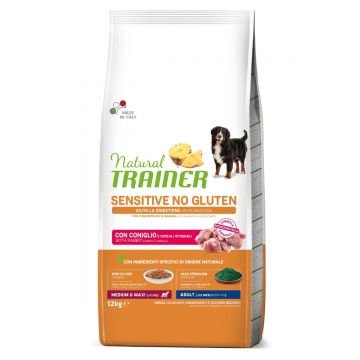 NATURAL TRAINER Sensitive No Gluten, M-XL, Iepure, hrană uscată monoproteică câini, sistem digestiv, 12kg