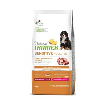 NATURAL TRAINER Sensitive No Gluten Puppy&Junior, M-XL, Rață, hrană uscată monoproteică câini junior, sistem digestiv, 12kg