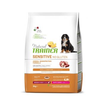 NATURAL TRAINER Sensitive No Gluten Puppy&Junior, M-XL, Rață, hrană uscată monoproteică câini junior, sistem digestiv, 3kg