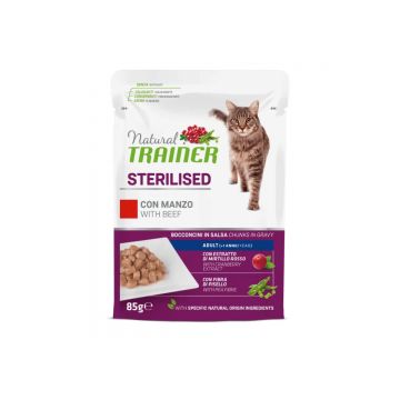 NATURAL TRAINER Sterilised, Vită, plic hrană umedă pisici sterilizate, (în sos), 85g
