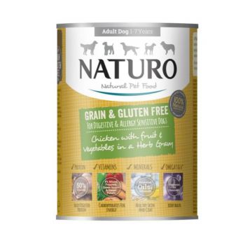 NATURO Grain Free, XS-L, Pui și Legume, conservă hrană umedă fără cereale câini, (în sos), 390g