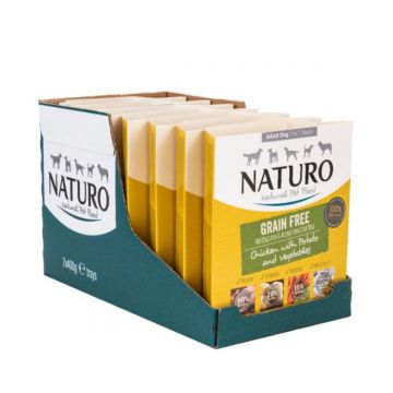 NATURO Grain Free, XS-L, Pui și Legume, tăviță hrană umedă fără cereale câini, (în aspic), 400g