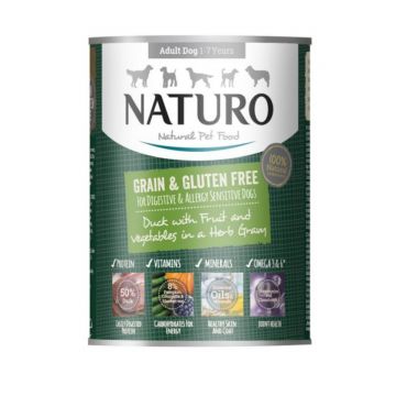 NATURO Grain Free, XS-L, Rață și Legume, conservă hrană umedă fără cereale câini, (în sos), 390g
