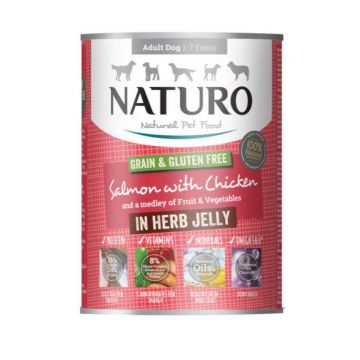 NATURO Grain Free, XS-L, Somon și Pui, conservă hrană umedă fără cereale câini, (în aspic), 390g