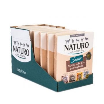 NATURO Low Grain Senior, XS-L, Curcan și Legume, tăviță hrană umedă conținut redus cereale câini senior, (în aspic), 400g