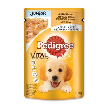 PEDIGREE Vital Protection Junior, Pui, hrană umedă câini junior, (în aspic) PEDIGREE Vital Protection Junior, Pui, plic hrană umedă câini junior, (în aspic), 100g