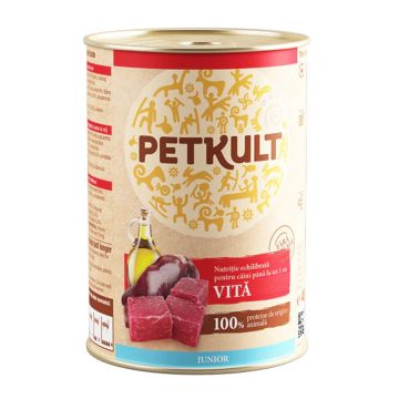 PETKULT Grain Free Junior, Vită, conservă hrană umedă fără cereale câini junior, 400g