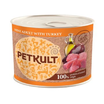 PETKULT Grain Free Mini Adult, Curcan, conservă hrană umedă fără cereale câini, 185g