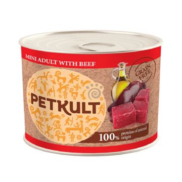 PETKULT Grain Free Mini Adult, Vită, conservă hrană umedă fără cereale câini, 185g