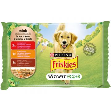 PURINA Friskies Adult, 3 arome (Vită cu Cartofi, Pui cu Morcov, Miel cu Morcov), pachet mixt, plic hrană umedă câini, (în sos), 100g x 4