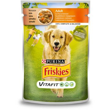 PURINA Friskies Adult, Pui cu Morcov, plic hrană umedă câini, (în sos), 100g