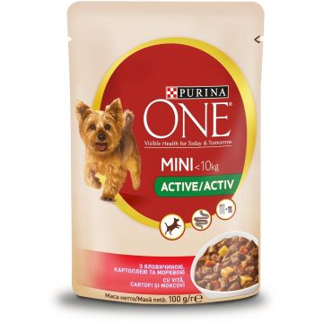 PURINA One Mini Active, Vită cu Cartofi, hrană umedă câini, activitate intensă, (în sos) PURINA One Mini Active, Vită cu Cartofi, plic hrană umedă câini, activitate intensă, (în sos), 85g