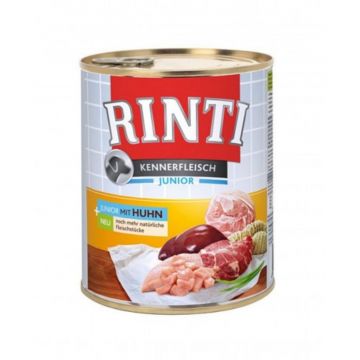 RINTI Junior, XS-XL, Pui, conservă hrană umedă fără cereale câini junior, (în suc propriu), 400g