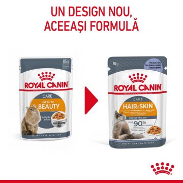 Royal Canin Intense Beauty Care Adult, hrană umedă pisici, piele și blană, (în aspic) ROYAL CANIN Feline Care Nutrition Hair&Skin Care, plic hrană umedă pisici, piele și blană, (în aspic), 85g x 12