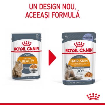 Royal Canin Intense Beauty Care Adult, hrană umedă pisici, piele și blană, (în aspic) ROYAL CANIN Feline Care Nutrition Hair&Skin Care, plic hrană umedă pisici, piele și blană, (în aspic), 85g