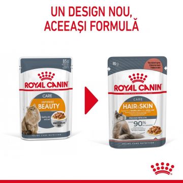 Royal Canin Intense Beauty Care Adult, hrană umedă pisici, piele și blană, (în sos) ROYAL CANIN Feline Care Nutrition Hair&Skin Care, plic hrană umedă pisici, piele și blană, (în sos), 85g x 12