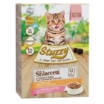 STUZZY Shreds Pack Kitten, Pui și Șuncă, plic hrană umedă pisici junior, (în sos), multipack, 85g x 12buc