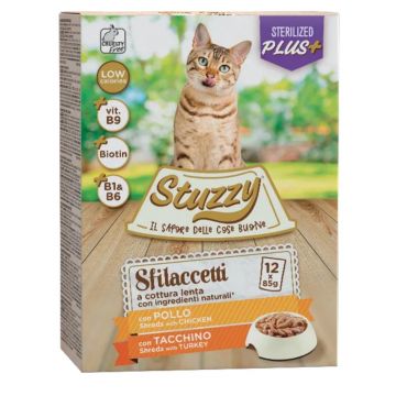 STUZZY Shreds Pack Sterilised, Pui și Curcan, plic hrană umedă pisici sterilizate, (în sos), multipack, 85g x 12buc