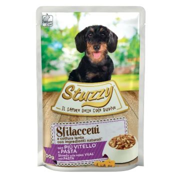 STUZZY Shreds, XS-XL, Vițel și Paste, plic hrană umedă câini, (în suc propriu), 100g