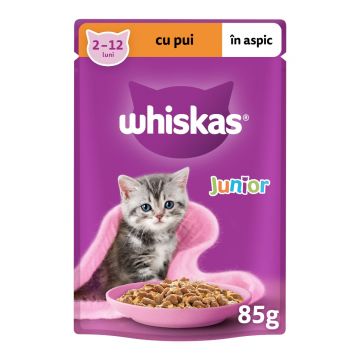 WHISKAS Junior, Pui, plic hrană umedă pisici junior, (în aspic), multipack, 85g