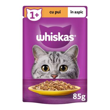 WHISKAS, Pui, plic hrană umedă pisici, (în aspic), 85g