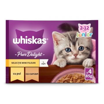 WHISKAS Pure Delight Junior Selectii Pasăre, Pui și Curcan, plic hrană umedă pisici junior, (în aspic), multipack, 85g x 4