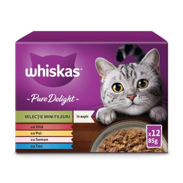 WHISKAS Pure Delight Mixed Selection, Vită, Pui, Somon și Ton, plic hrană umedă pisici, (în aspic), multipack, 85g x 12