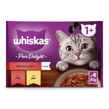 WHISKAS Pure Delight Selectii Clasice, Vită și Pui, plic hrană umedă pisici, (în aspic), multipack, 85g x 4